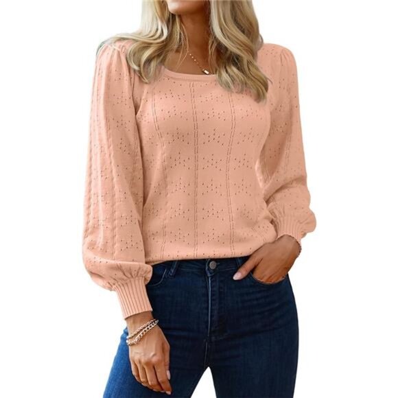 Women Fall Sweater 2025 Puff Sleeve Square Neck Knit Pullover Tunic Top Casual - Picture 7 of 7
